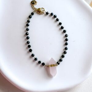 Bransoletka sopel Kwarc różowy czarne koraliki