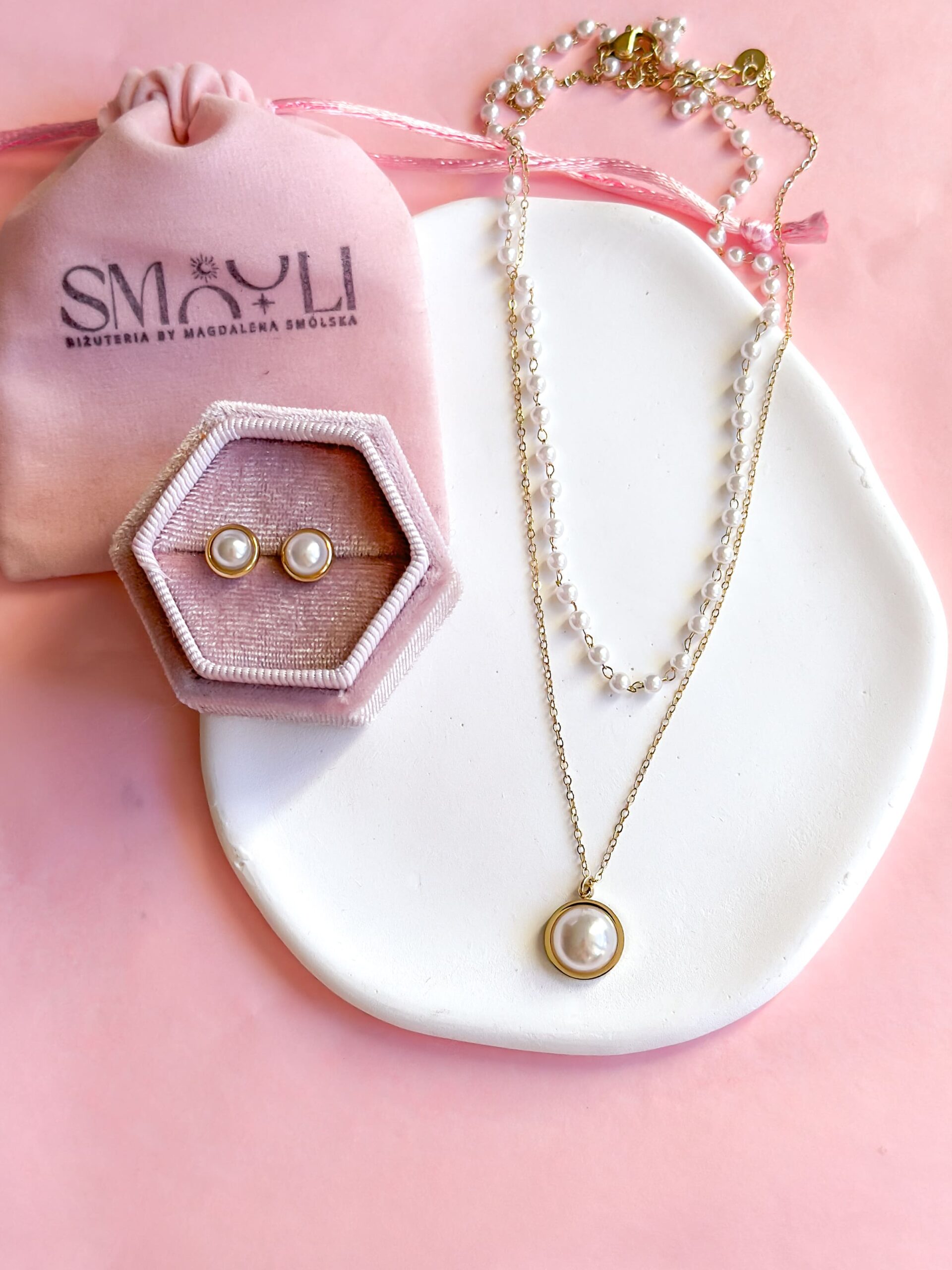 Komplet naszyjnik podwójny z perłami i kolczyki perełki
