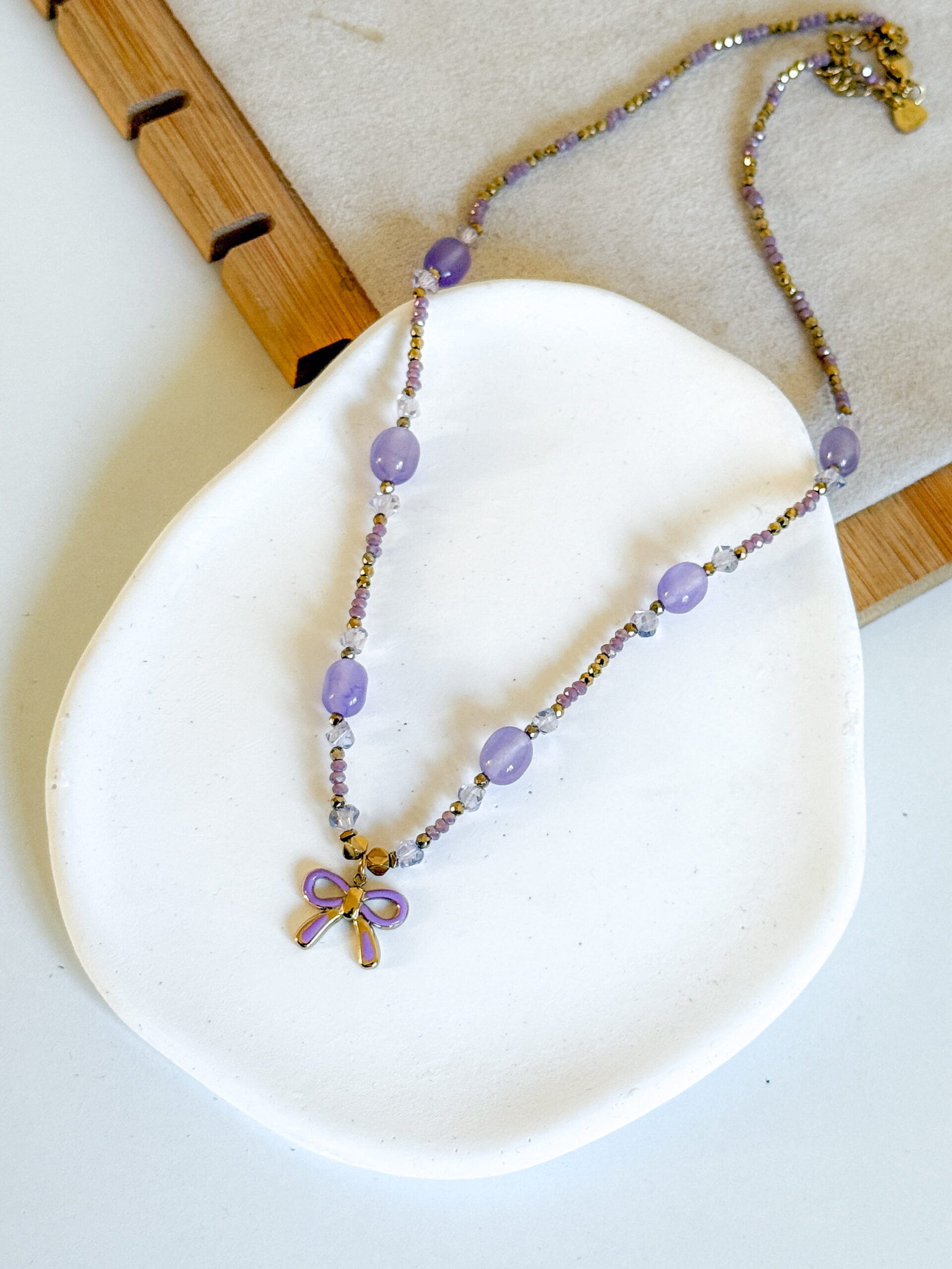 Naszyjnik choker fioletowy kamienie Ametyst kokarda - obrazek 2