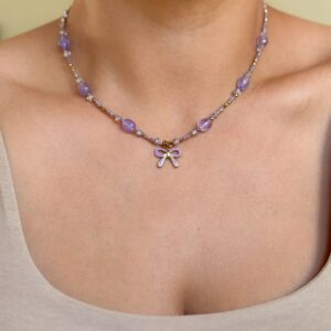Naszyjnik choker fioletowy kamienie Ametyst kokarda