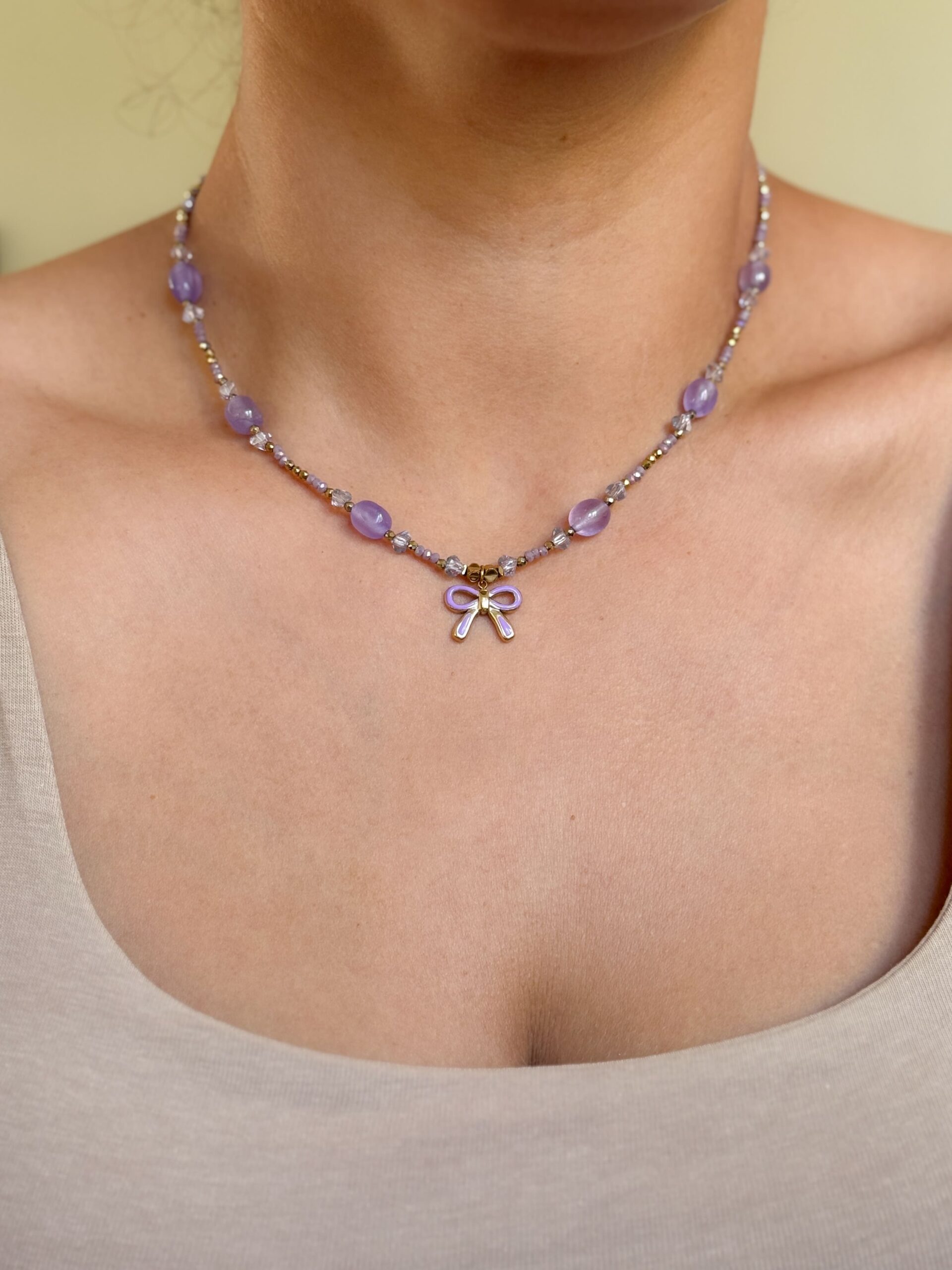 Naszyjnik choker fioletowy kamienie Ametyst kokarda