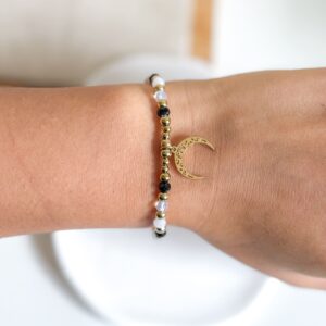 Bransoletka na gumce księżyc ażurowy czarno biała