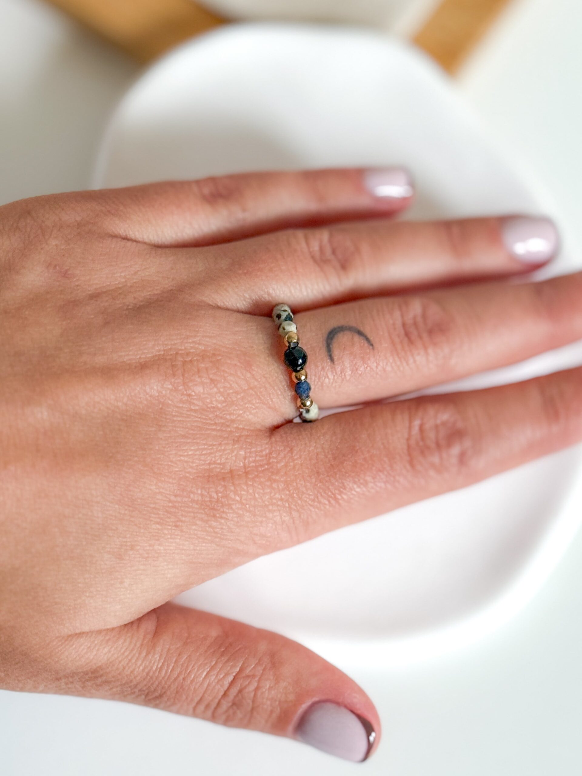 Pierścionek ręcznie wykonany kamienie jaspis dalmatyński turmalin lapis lazuli