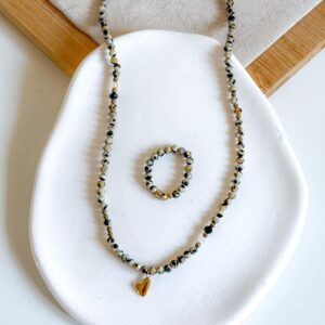 Komplet ręcznie wykonany jaspis dalmatyński serce, pierścionek