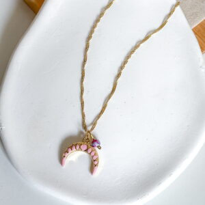 Naszyjnik księżyc emaliowany różowy kamień jaspis cesarski