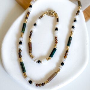 Komplet bransoletka i naszyjnik tygrysie oko, agat zielony