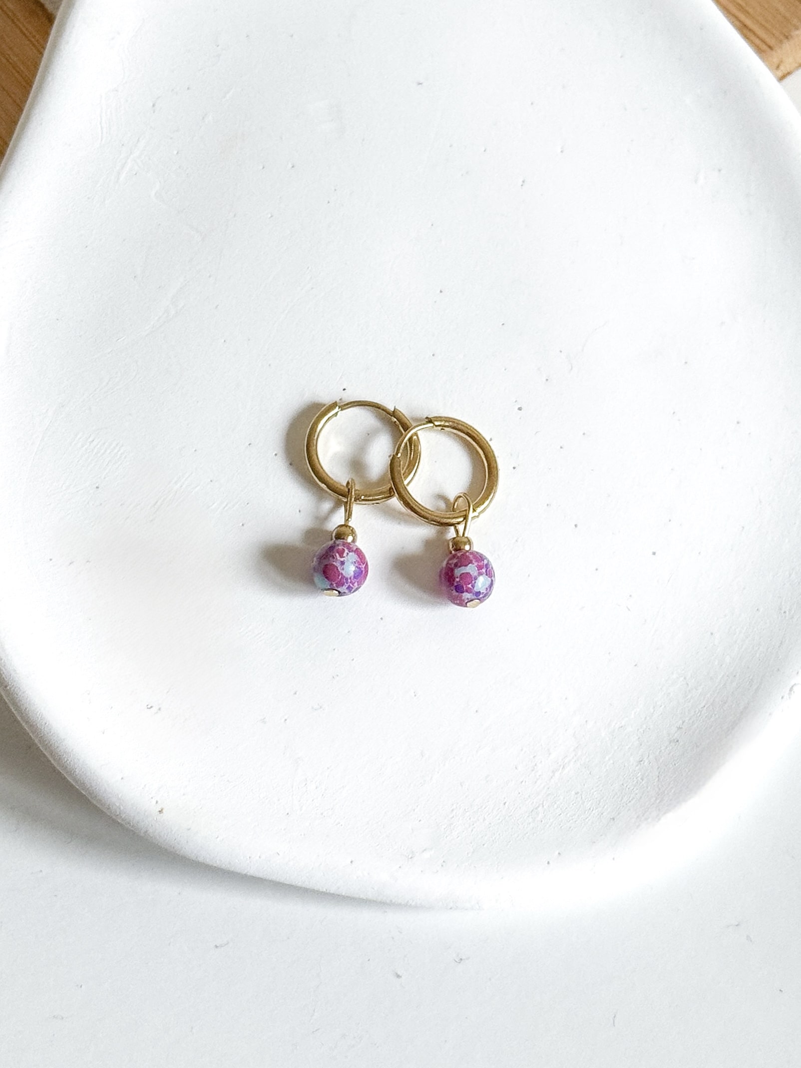 Kolczyki ręcznie wykonane kółka kamienie Jaspis cesarski fioletowy - obrazek 3