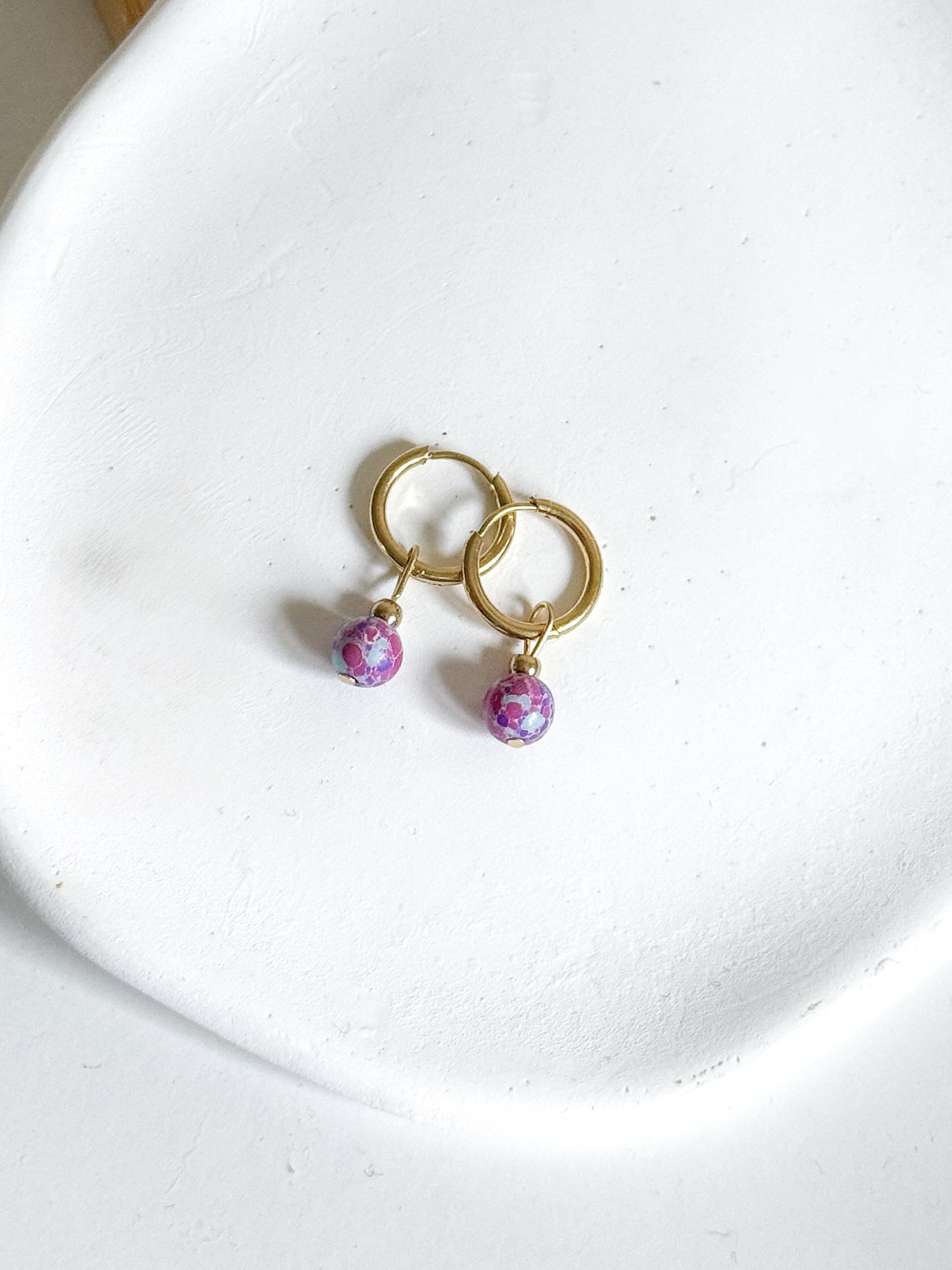 Kolczyki ręcznie wykonane kółka kamienie Jaspis cesarski fioletowy - obrazek 2