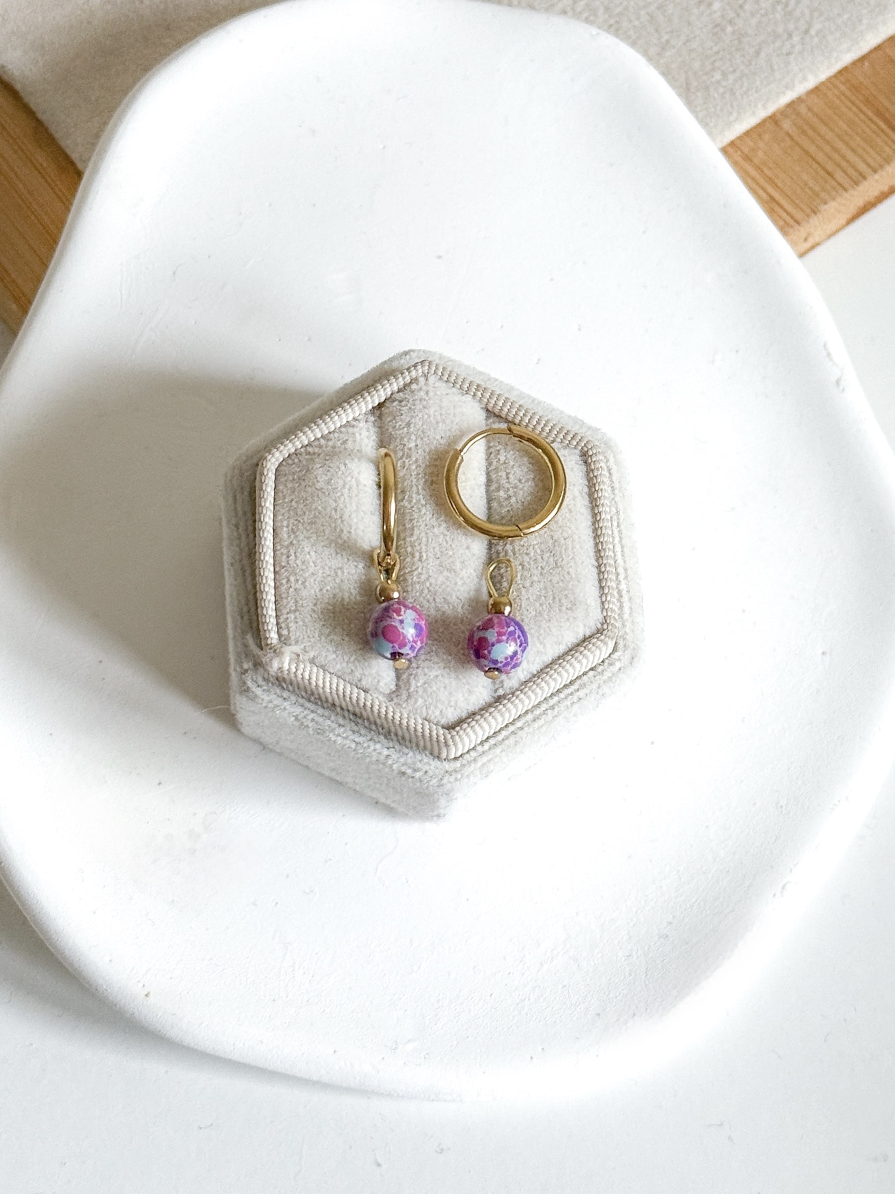 Kolczyki ręcznie wykonane kółka kamienie Jaspis cesarski fioletowy