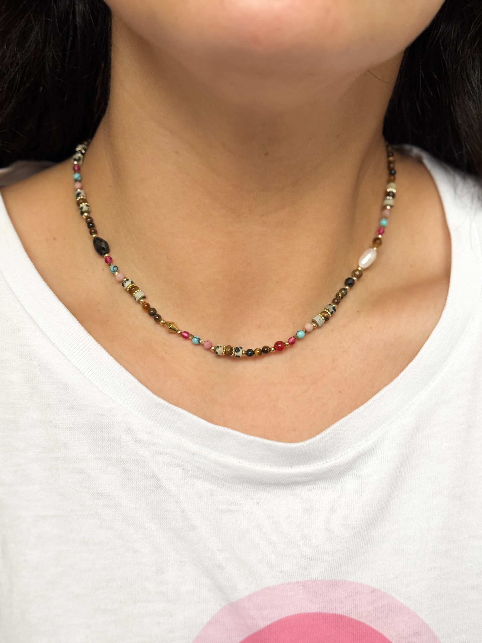 Naszyjnik tygrysie oko, jaspis dalmatyński, agat fuksjowy, turkus - obrazek 3