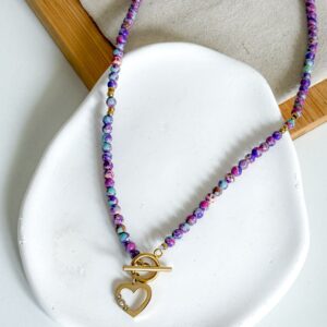 Naszyjnik ręcznie wykonany kamienie jaspis cesarski fioletowy 0,4 cm serce