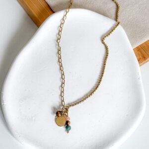 Naszyjnik choker ręcznie wykonany splot mieszany, kamienie tygrysie oko, turkus afrykański, kamień słoneczny