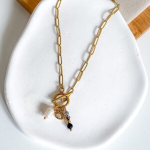 Naszyjnik choker ręcznie wykonany splot łańcuchowy kamienie turmalin, tanzanit