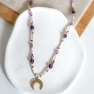 Naszyjnik ametyst księżyc ażurowy beżowe koraliki