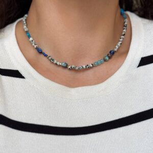 Naszyjnik choker ręcznie wykonany jaspis dalmatyński, niebieski, akwamaryn