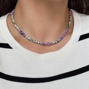 Naszyjnik choker ręcznie wykonany jaspis dalmatyński, fioletowy