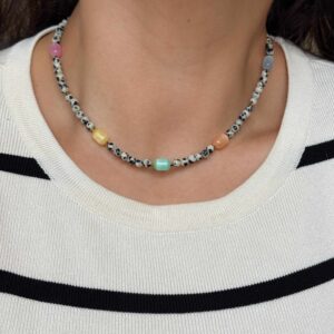 Naszyjnik choker ręcznie wykonany jaspis dalmatyński, pastylki kolorowe